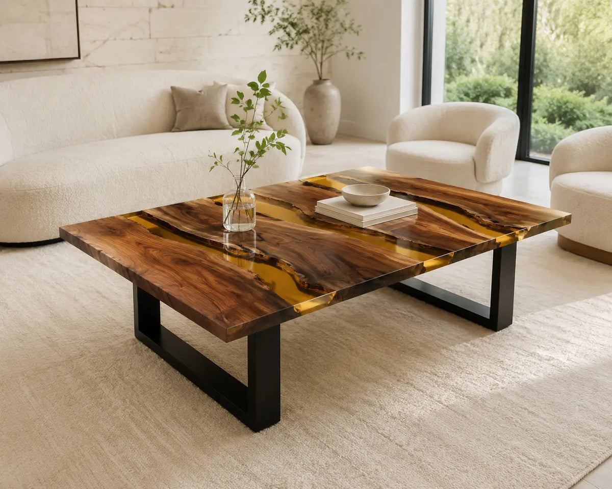 ECTC26 Honey Rivers Golden Amber Epoxy Walnut Coffee Table featuring handcrafted walnut wood and golden amber resin-1