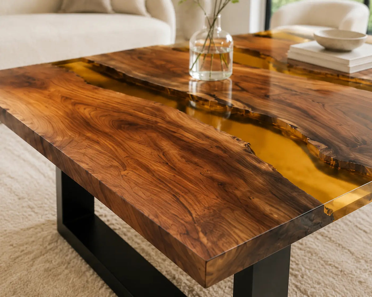 ECTC26 Honey Rivers Golden Amber Epoxy Walnut Coffee Table featuring handcrafted walnut wood and golden amber resin-2