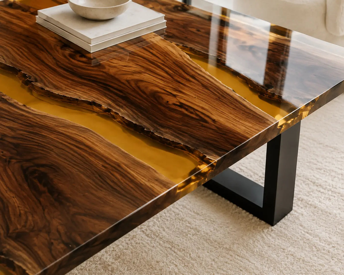 ECTC26 Honey Rivers Golden Amber Epoxy Walnut Coffee Table featuring handcrafted walnut wood and golden amber resin-3