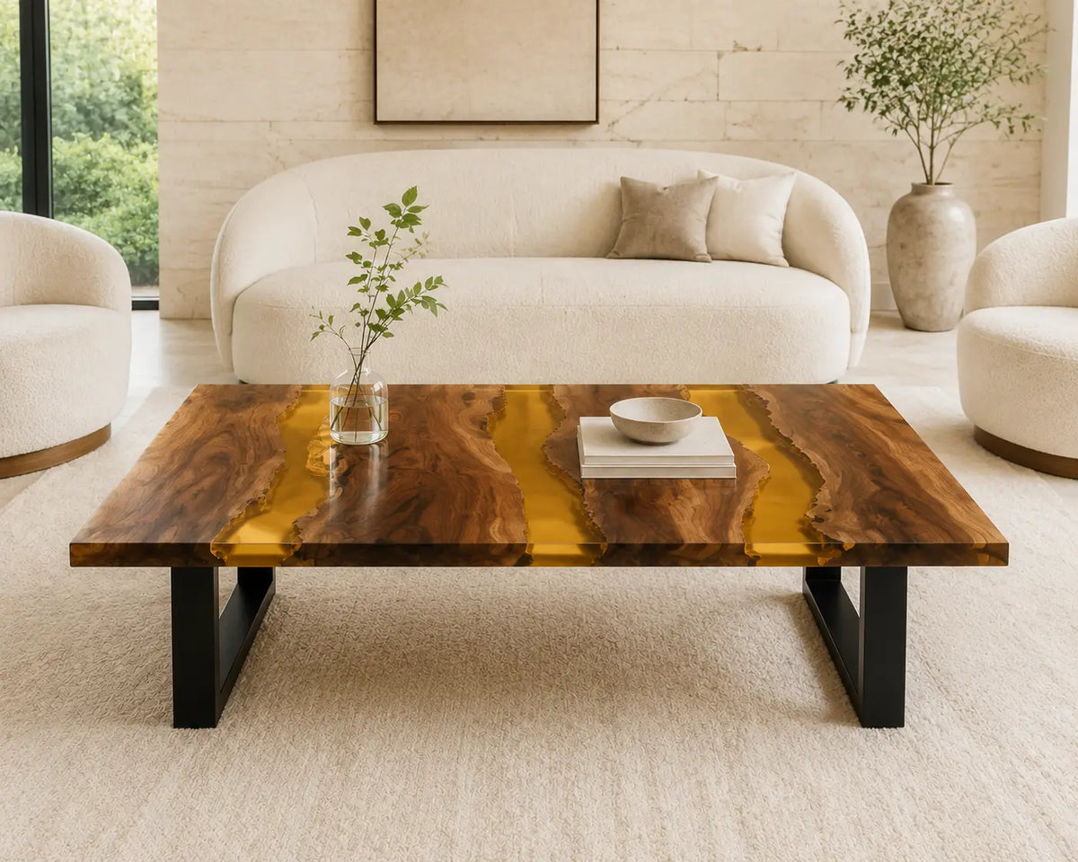 ECTC26 Honey Rivers Golden Amber Epoxy Walnut Coffee Table featuring handcrafted walnut wood and golden amber resin-4