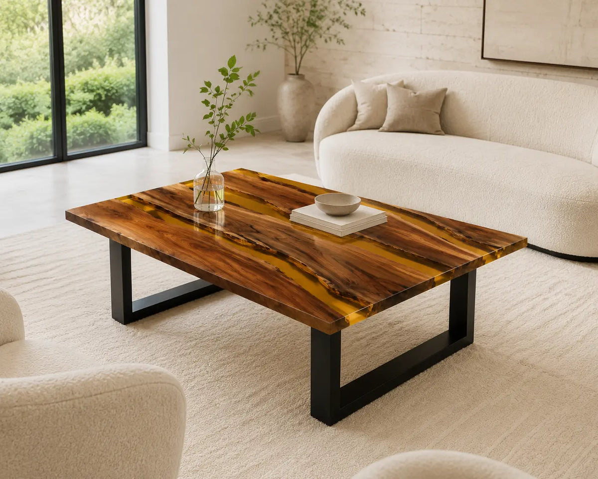 ECTC26 Honey Rivers Golden Amber Epoxy Walnut Coffee Table featuring handcrafted walnut wood and golden amber resin-5