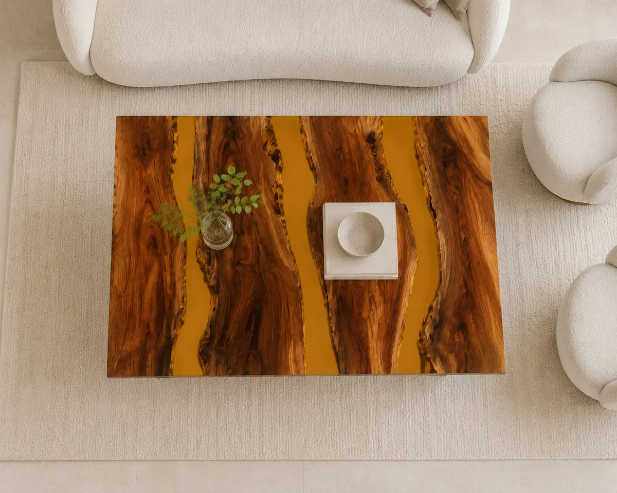 ECTC26 Honey Rivers Golden Amber Epoxy Walnut Coffee Table featuring handcrafted walnut wood and golden amber resin-6