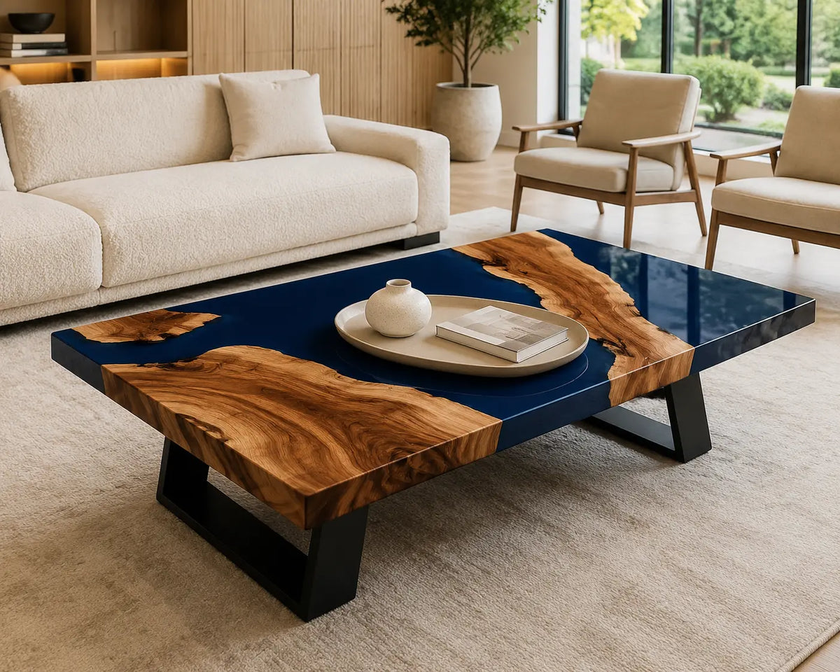 ECTC27 Navy Atoll Navy Blue Epoxy Walnut Coffee Table featuring handcrafted walnut wood and navy blue resin-1