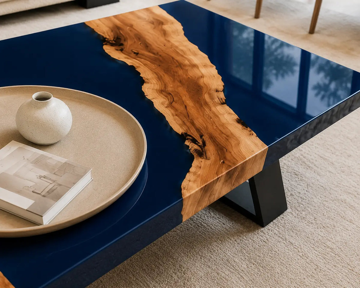 ECTC27 Navy Atoll Navy Blue Epoxy Walnut Coffee Table featuring handcrafted walnut wood and navy blue resin-2