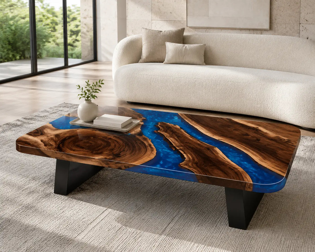 ECTC28 Cobalt Sweep Cobalt Blue Epoxy Walnut Coffee Table featuring handcrafted walnut wood and cobalt blue resin-1