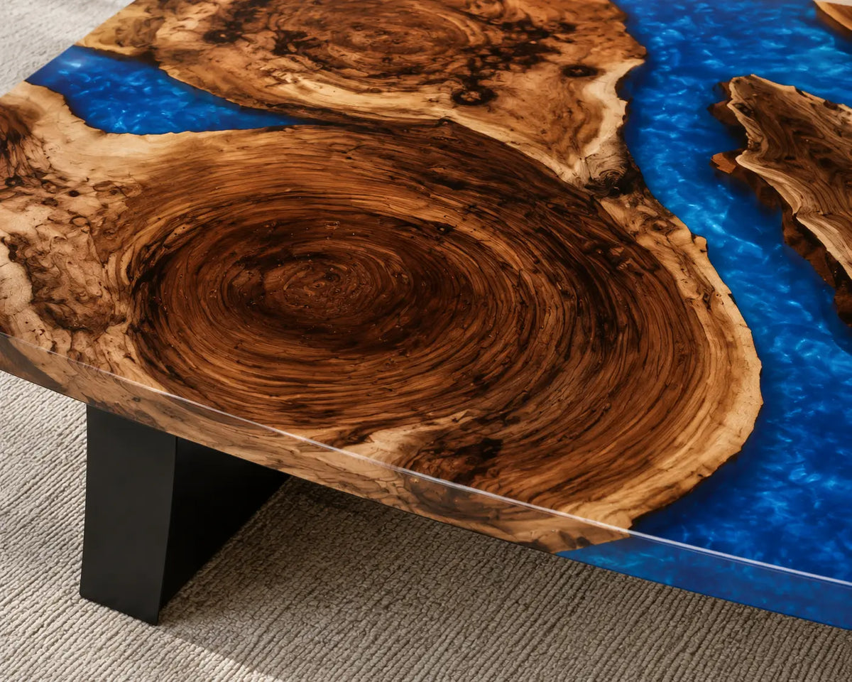 ECTC28 Cobalt Sweep Cobalt Blue Epoxy Walnut Coffee Table featuring handcrafted walnut wood and cobalt blue resin-2