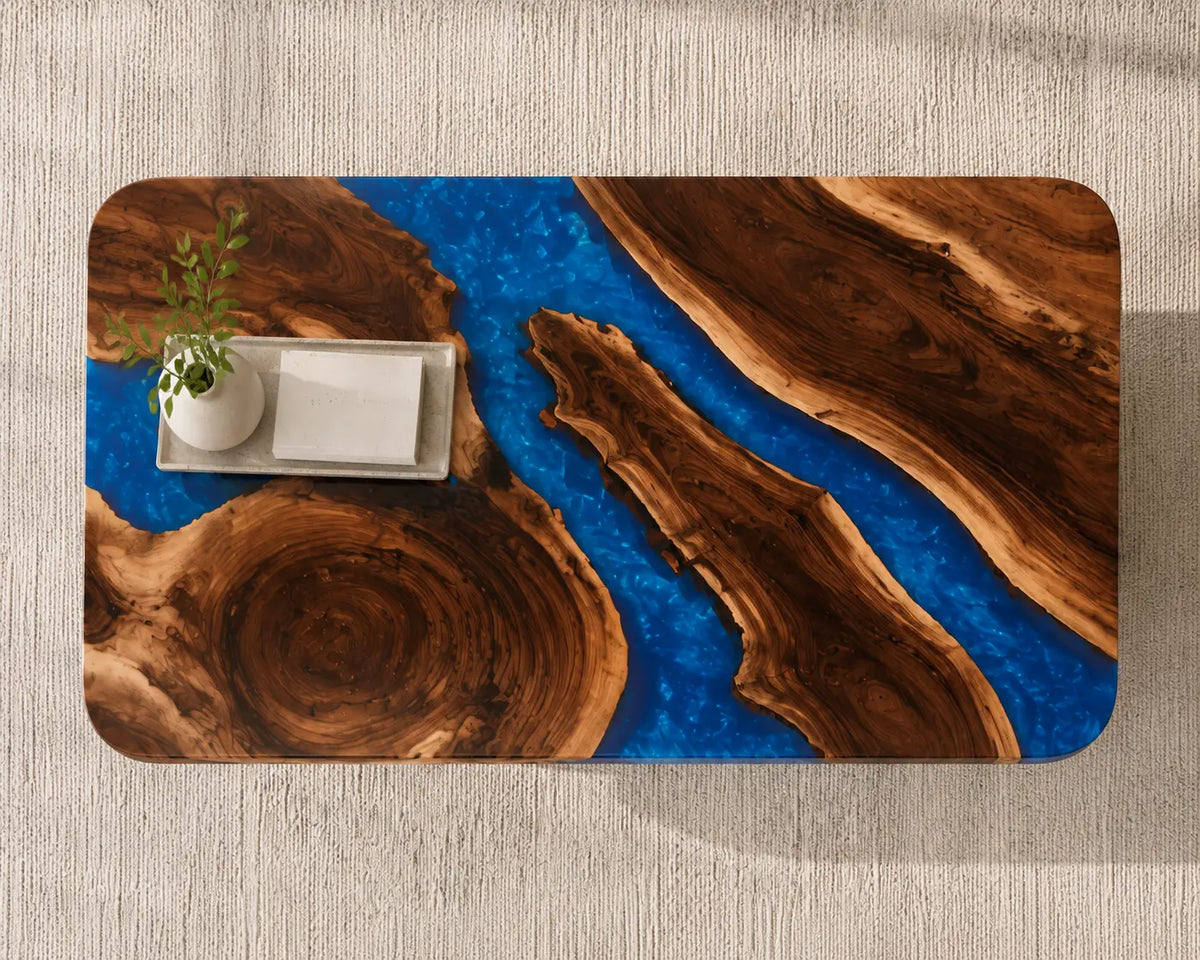 ECTC28 Cobalt Sweep Cobalt Blue Epoxy Walnut Coffee Table featuring handcrafted walnut wood and cobalt blue resin-4