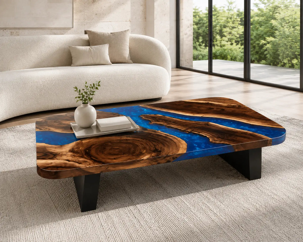 ECTC28 Cobalt Sweep Cobalt Blue Epoxy Walnut Coffee Table featuring handcrafted walnut wood and cobalt blue resin-5