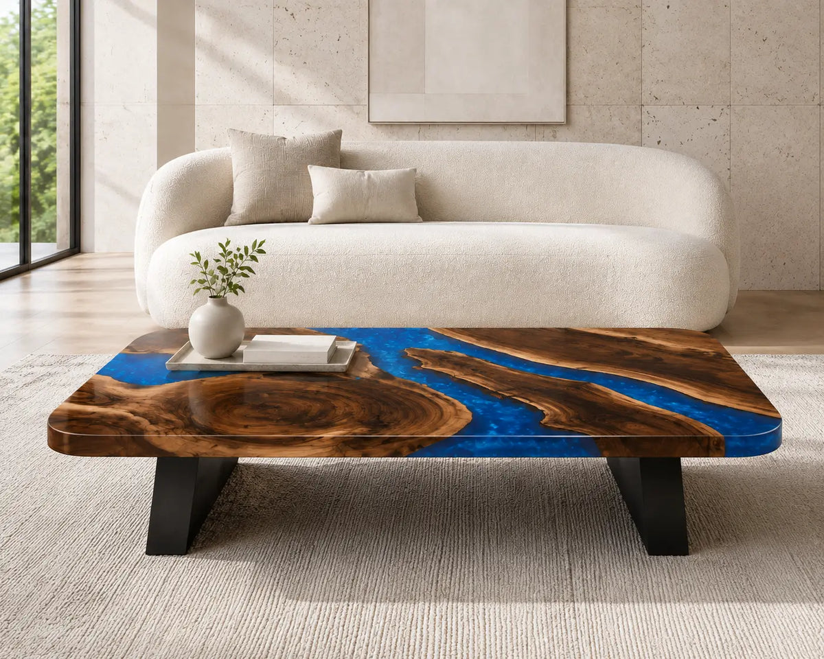 ECTC28 Cobalt Sweep Cobalt Blue Epoxy Walnut Coffee Table featuring handcrafted walnut wood and cobalt blue resin-6