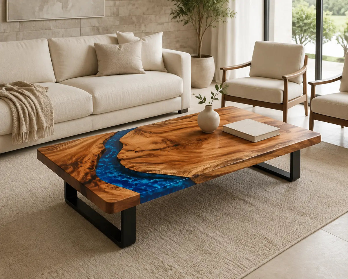 ECTC29 Blue Bend Deep Blue Epoxy Walnut Coffee Table featuring handcrafted walnut wood and deep blue resin-1