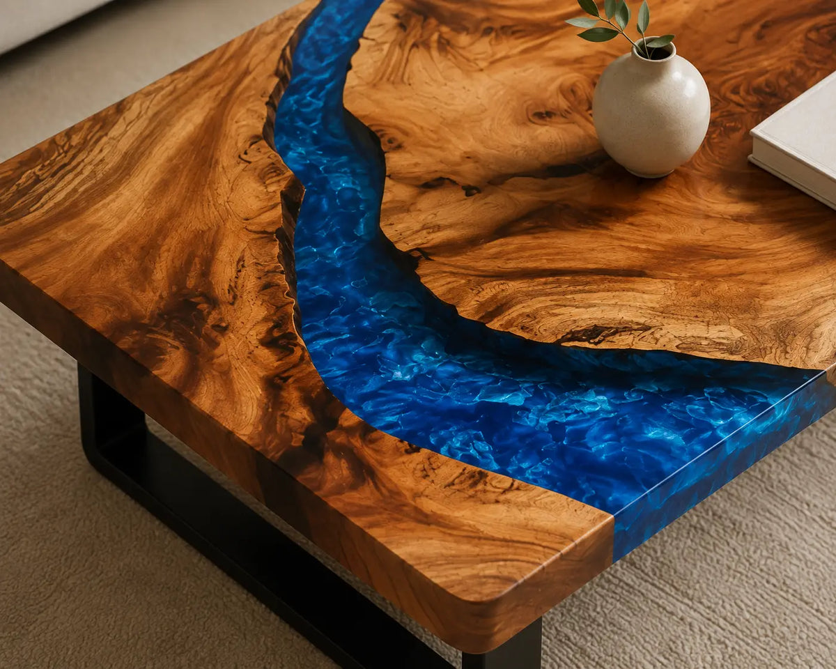 ECTC29 Blue Bend Deep Blue Epoxy Walnut Coffee Table featuring handcrafted walnut wood and deep blue resin-2