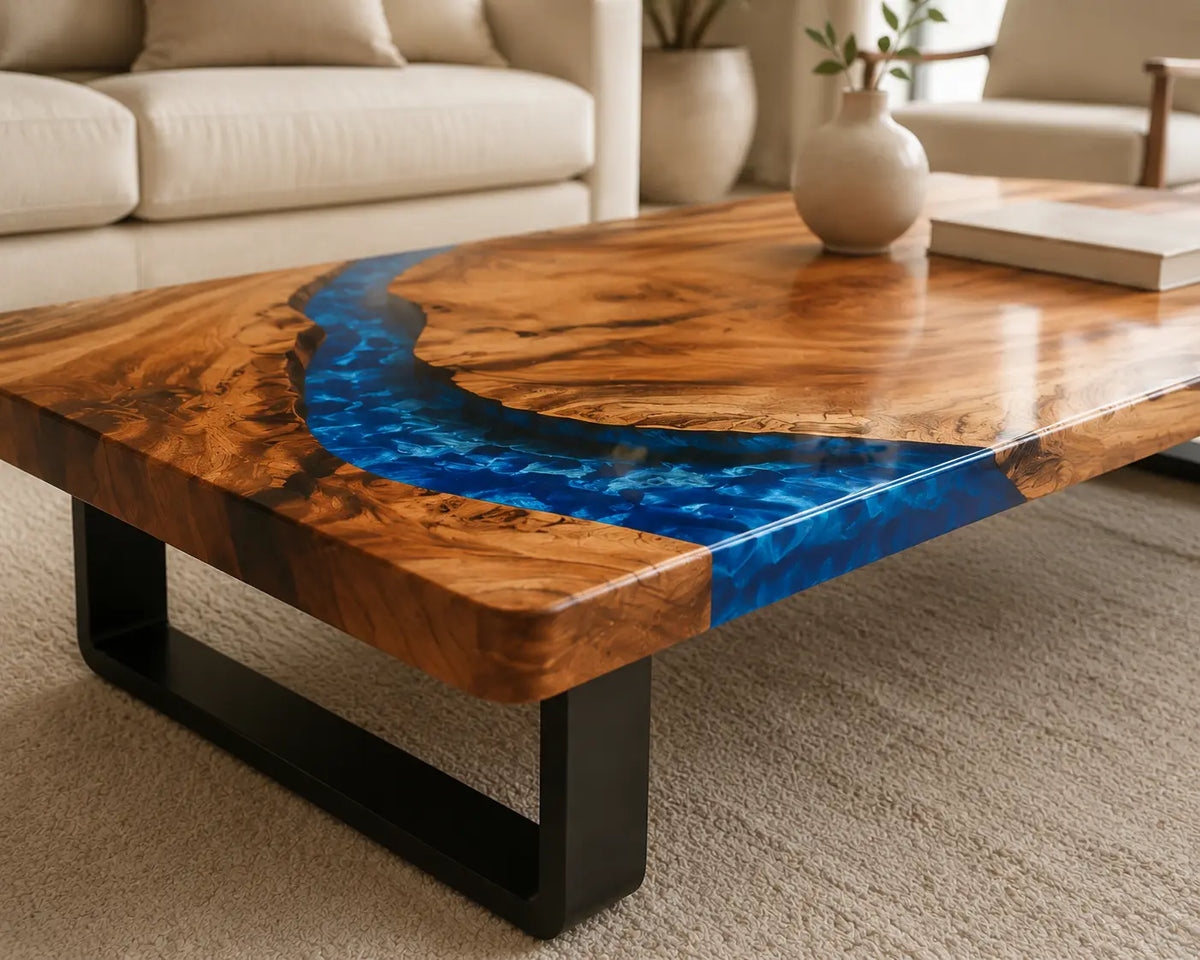 ECTC29 Blue Bend Deep Blue Epoxy Walnut Coffee Table featuring handcrafted walnut wood and deep blue resin-3