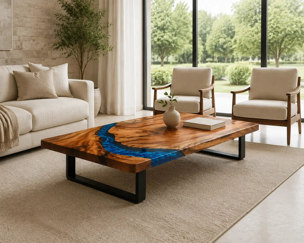ECTC29 Blue Bend Deep Blue Epoxy Walnut Coffee Table featuring handcrafted walnut wood and deep blue resin-5