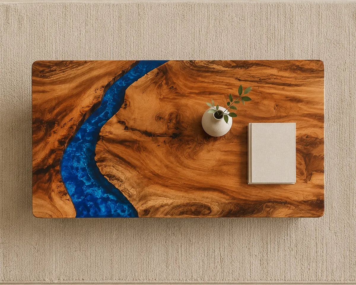 ECTC29 Blue Bend Deep Blue Epoxy Walnut Coffee Table featuring handcrafted walnut wood and deep blue resin-6