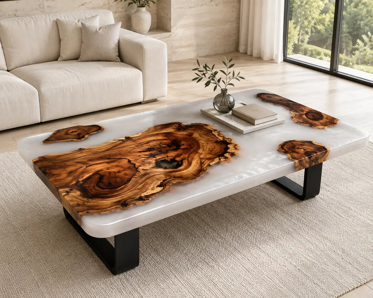 ECTC30 Ivory Islands Pearl White Epoxy Walnut Coffee Table featuring handcrafted walnut wood and pearl white resin-1