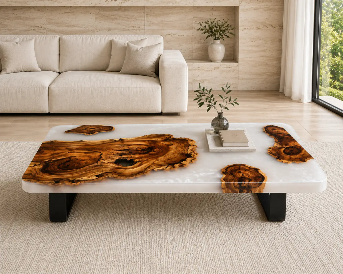 ECTC30 Ivory Islands Pearl White Epoxy Walnut Coffee Table featuring handcrafted walnut wood and pearl white resin-4