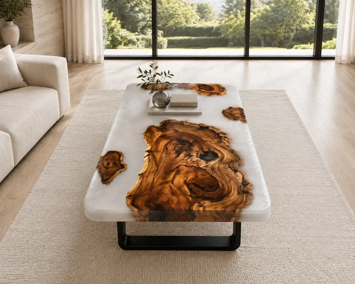 ECTC30 Ivory Islands Pearl White Epoxy Walnut Coffee Table featuring handcrafted walnut wood and pearl white resin-6