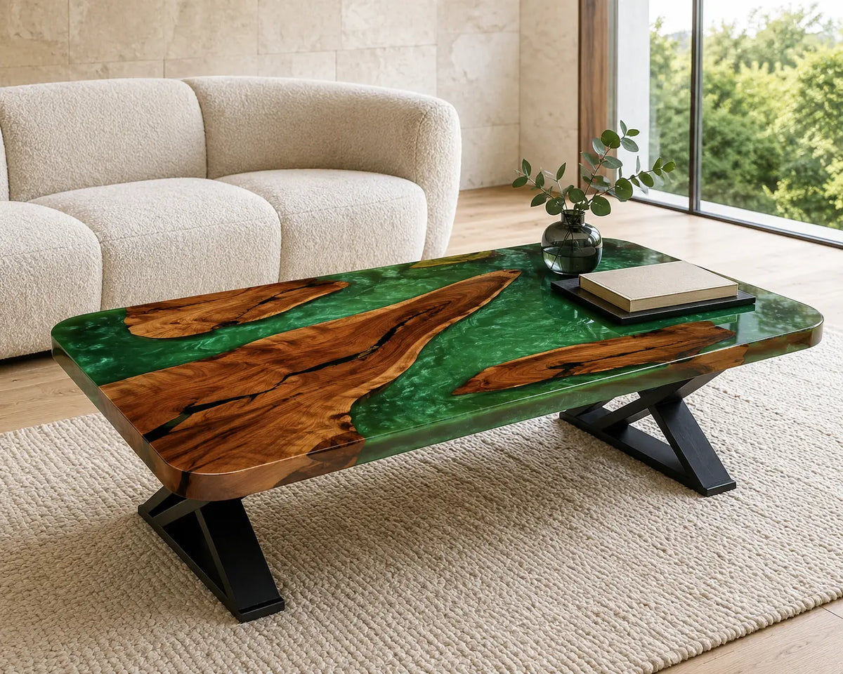 ECTC32 Green Crossing Emerald Green Epoxy Walnut Coffee Table featuring handcrafted walnut wood and emerald green resin-1