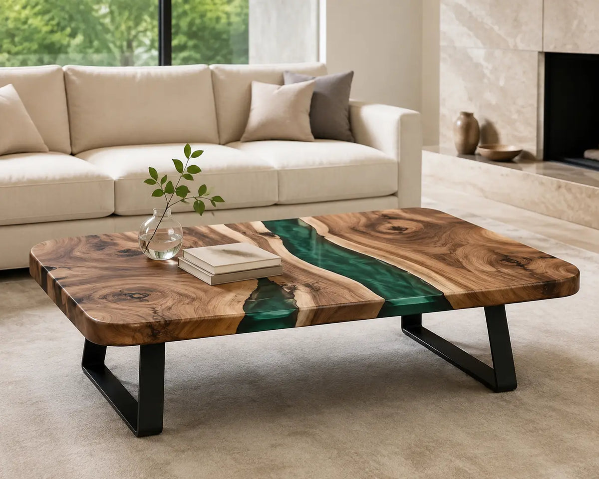 ECTC33 Verdant Vein Emerald Green Epoxy Walnut Coffee Table featuring handcrafted walnut wood and emerald green resin-1