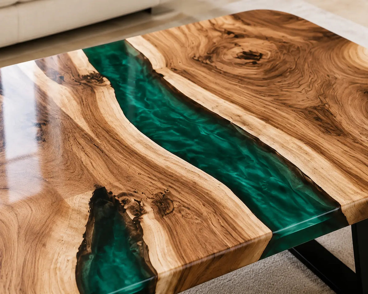 ECTC33 Verdant Vein Emerald Green Epoxy Walnut Coffee Table featuring handcrafted walnut wood and emerald green resin-2