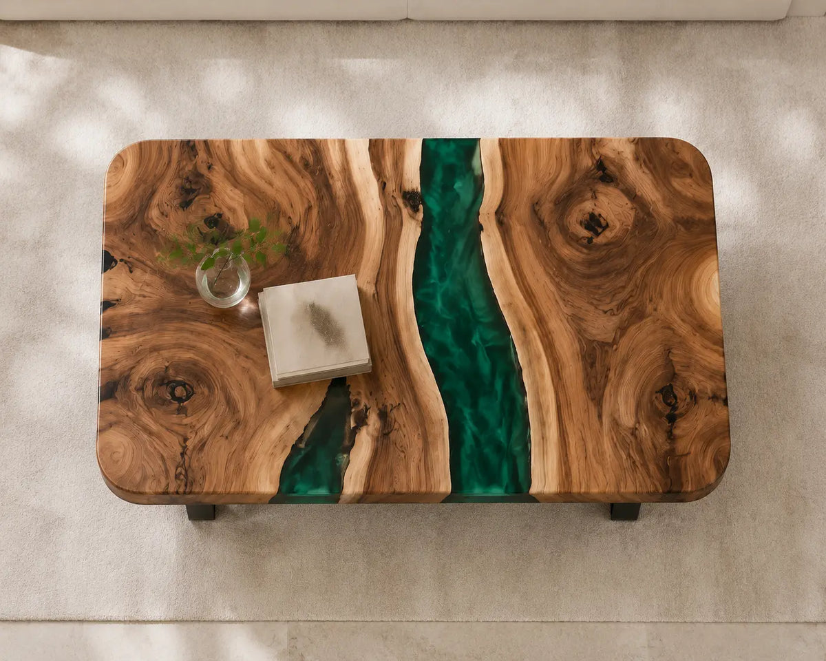 ECTC33 Verdant Vein Emerald Green Epoxy Walnut Coffee Table featuring handcrafted walnut wood and emerald green resin-4