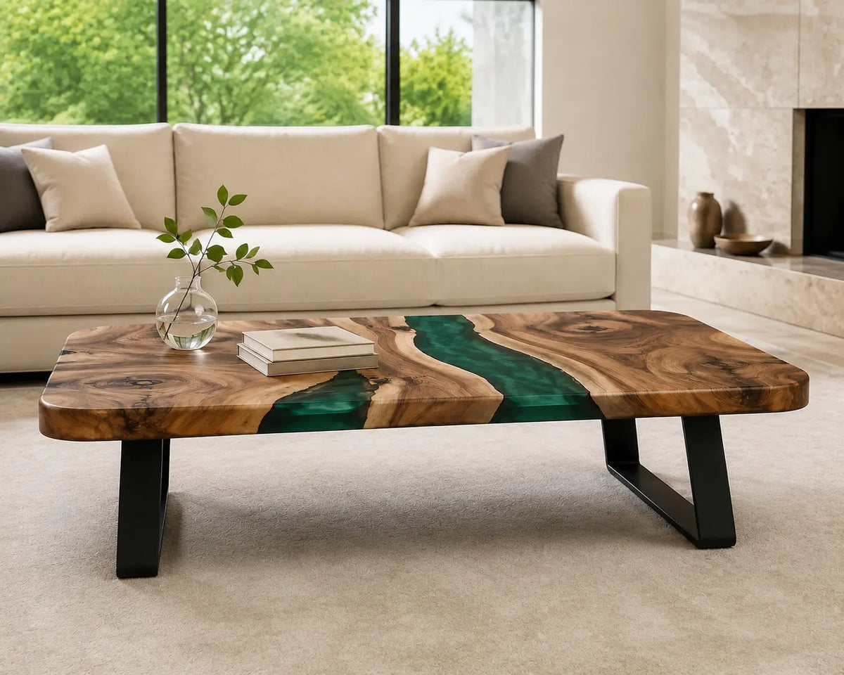 ECTC33 Verdant Vein Emerald Green Epoxy Walnut Coffee Table featuring handcrafted walnut wood and emerald green resin-5