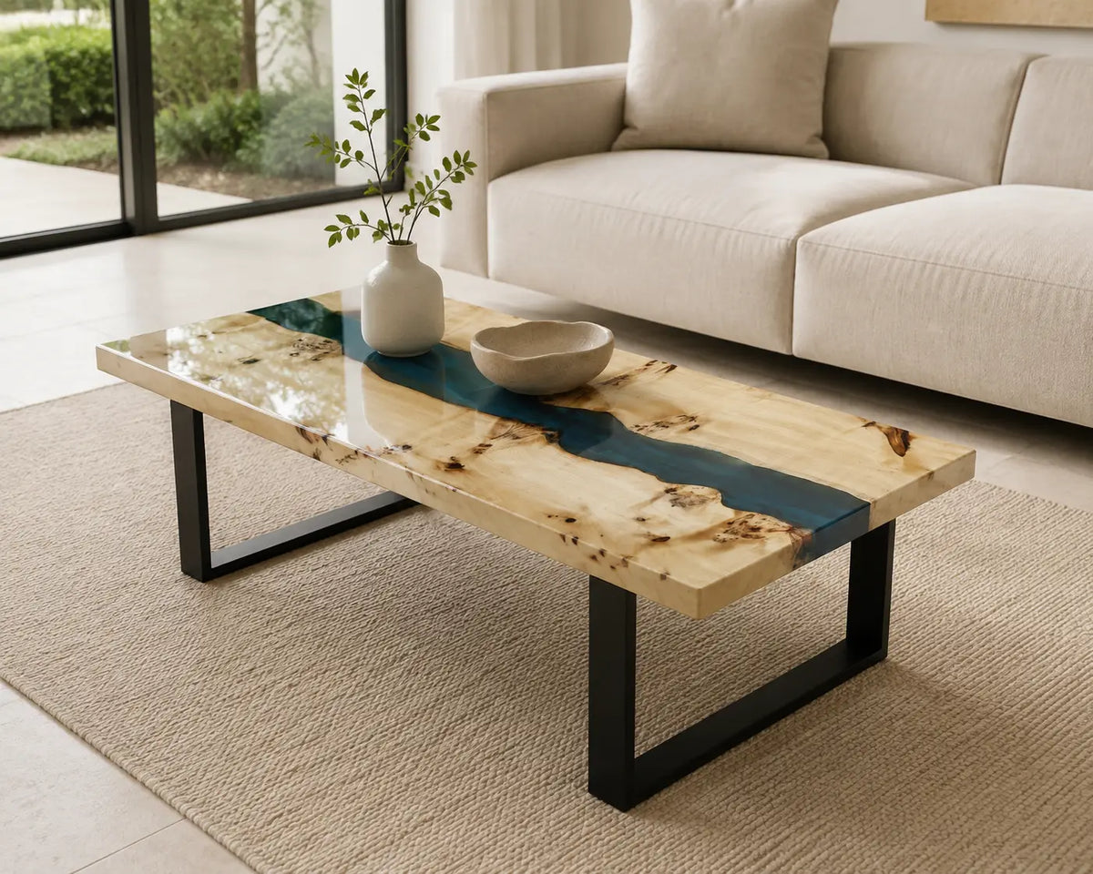ECTC35 Aqua Thread Turquoise Epoxy Poplar Coffee Table featuring handcrafted poplar wood and turquoise resin-1