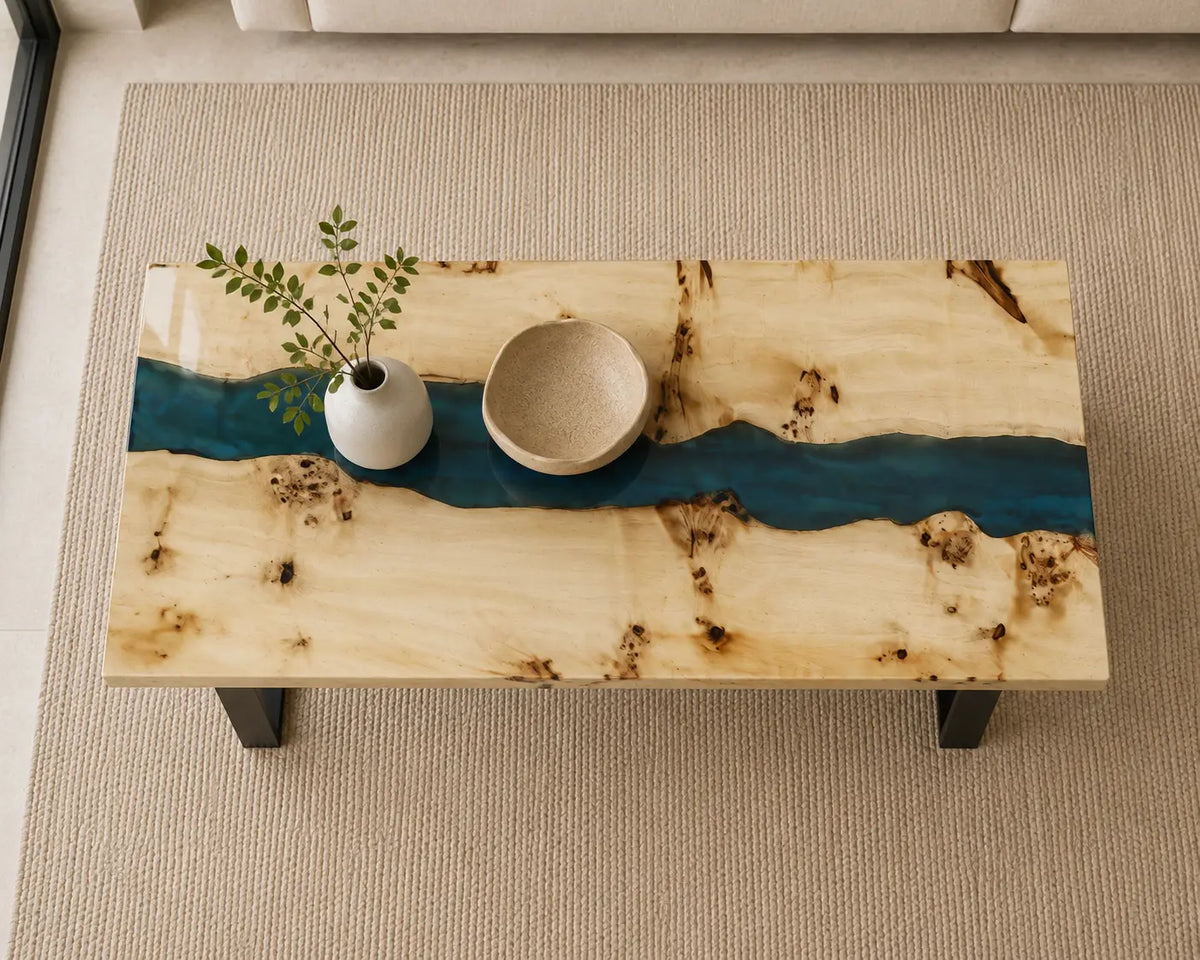ECTC35 Aqua Thread Turquoise Epoxy Poplar Coffee Table featuring handcrafted poplar wood and turquoise resin-4