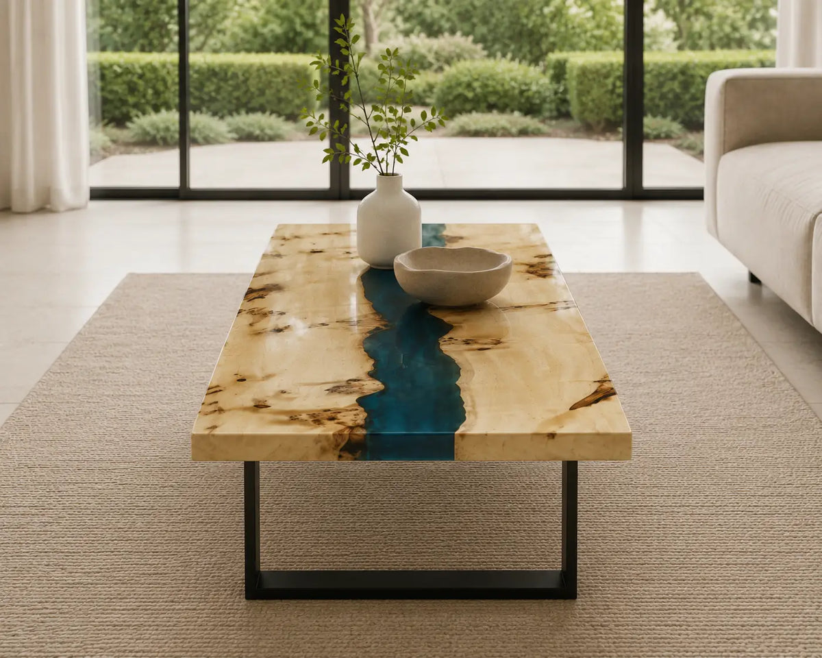 ECTC35 Aqua Thread Turquoise Epoxy Poplar Coffee Table featuring handcrafted poplar wood and turquoise resin-6