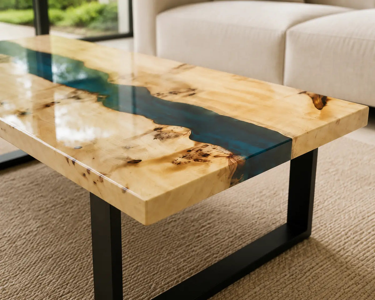 ECTC35 Aqua Thread Turquoise Epoxy Poplar Coffee Table featuring handcrafted poplar wood and turquoise resin-3