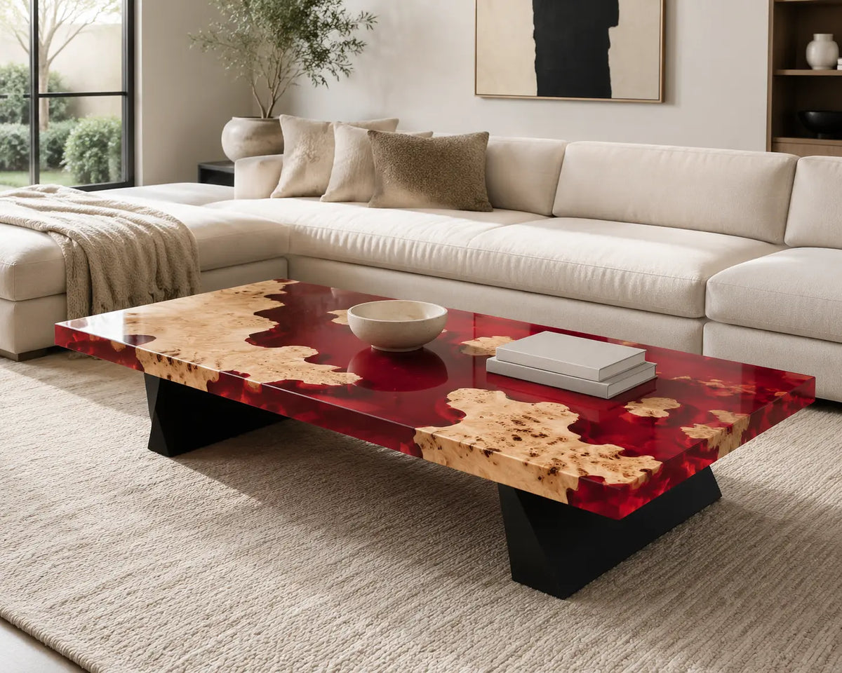 ECTC36 Crimson Coast Ruby Red Epoxy Poplar Coffee Table featuring handcrafted poplar wood and ruby red resin-1