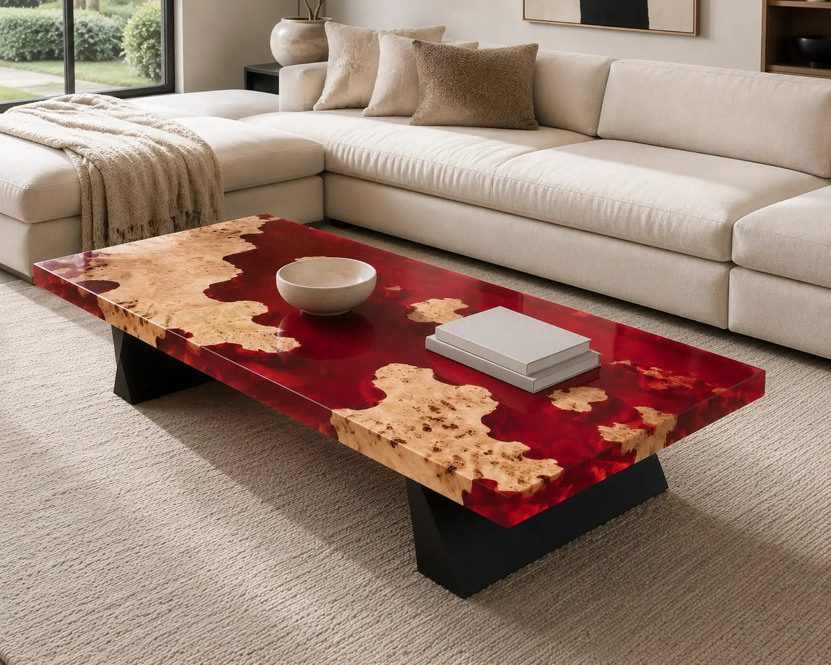 ECTC36 Crimson Coast Ruby Red Epoxy Poplar Coffee Table featuring handcrafted poplar wood and ruby red resin-5