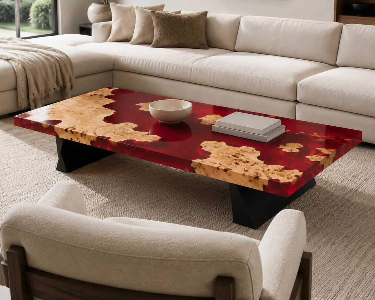 ECTC36 Crimson Coast Ruby Red Epoxy Poplar Coffee Table featuring handcrafted poplar wood and ruby red resin-6