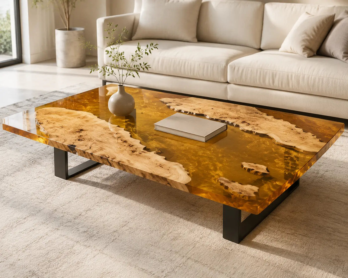 ECTC37 Amber Shoals Golden Amber Epoxy Poplar Coffee Table featuring handcrafted poplar wood and golden amber resin-1