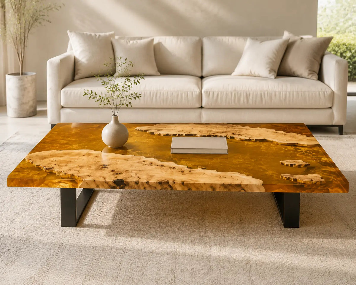 ECTC37 Amber Shoals Golden Amber Epoxy Poplar Coffee Table featuring handcrafted poplar wood and golden amber resin-4