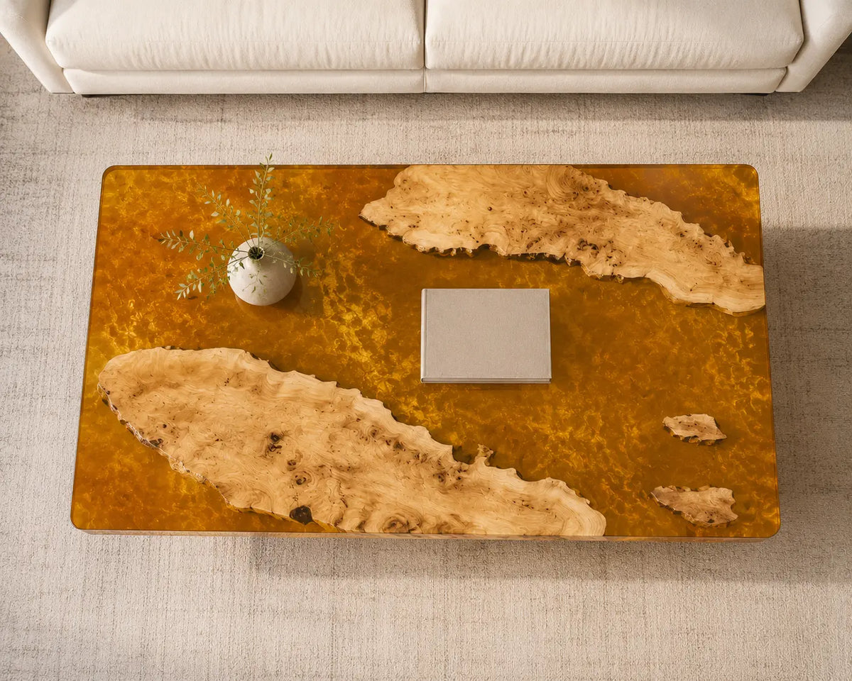 ECTC37 Amber Shoals Golden Amber Epoxy Poplar Coffee Table featuring handcrafted poplar wood and golden amber resin-5