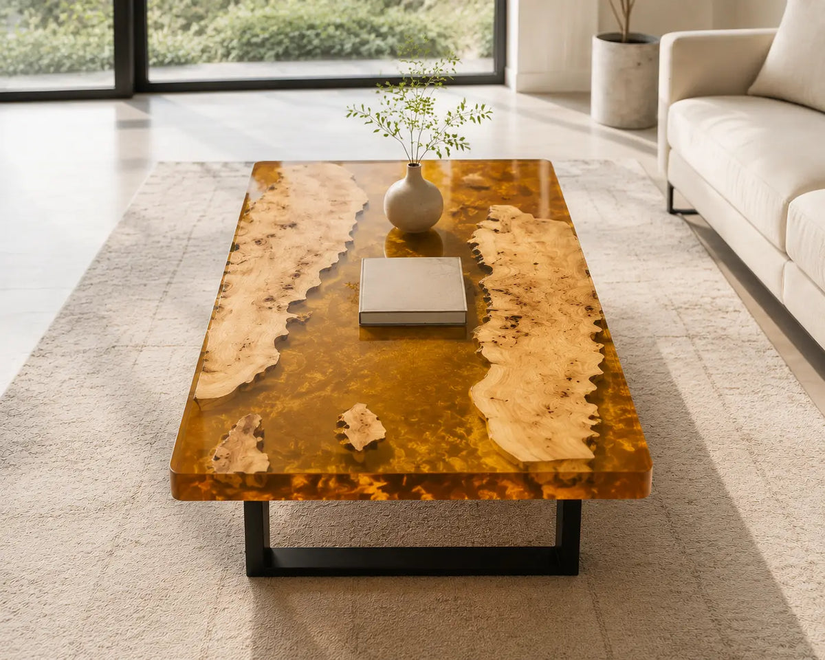 ECTC37 Amber Shoals Golden Amber Epoxy Poplar Coffee Table featuring handcrafted poplar wood and golden amber resin-6