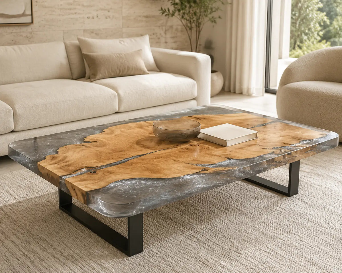 ECTC38 Silver Burl Silver Gray Epoxy Poplar Coffee Table featuring handcrafted poplar wood and silver gray resin-1
