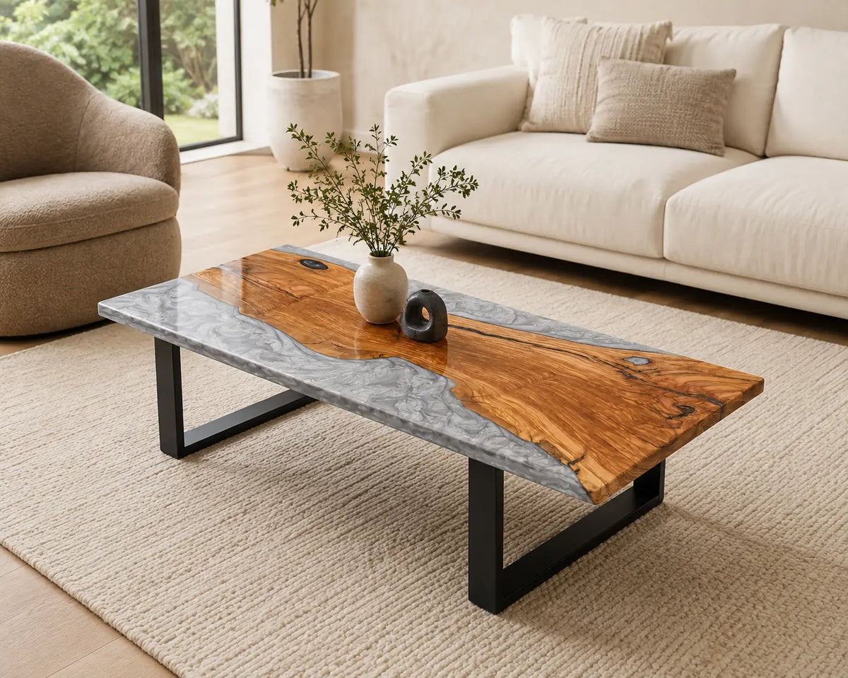 ECTC39 Silver Shore Silver Gray Epoxy Olive Wood Coffee Table featuring handcrafted olive wood and silver gray resin-1