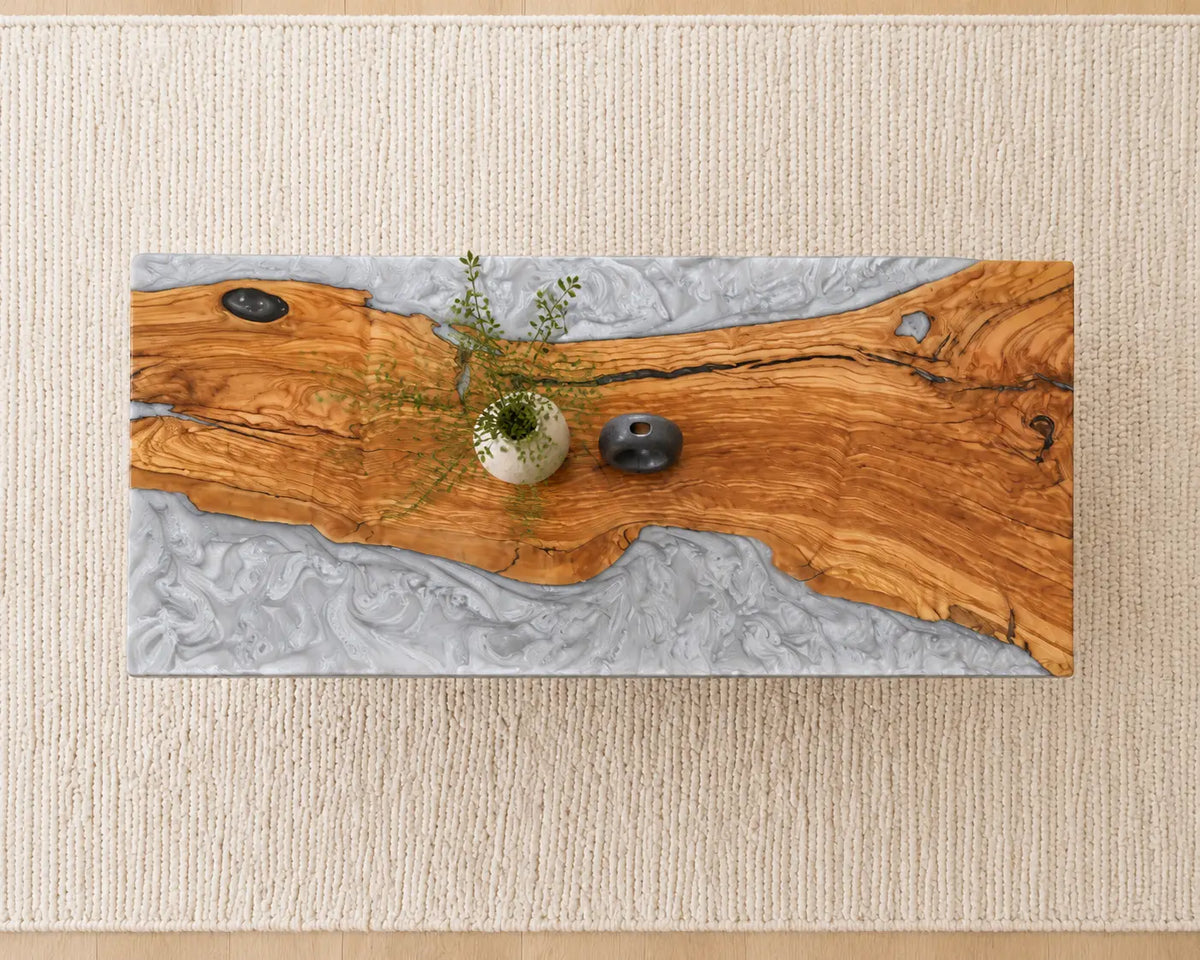ECTC39 Silver Shore Silver Gray Epoxy Olive Wood Coffee Table featuring handcrafted olive wood and silver gray resin-5