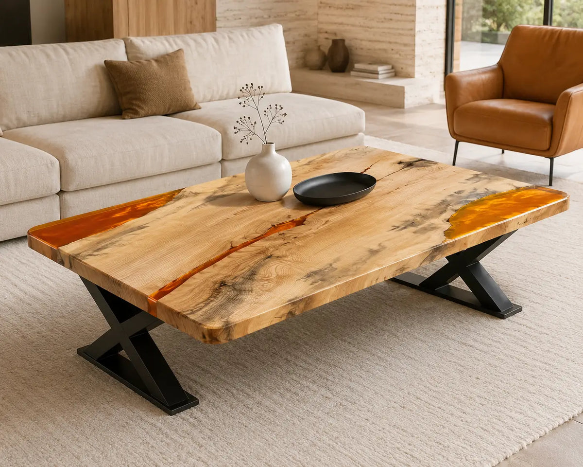 ECTC40 Amber Ember Orange Amber Epoxy Ash Coffee Table featuring handcrafted ash wood and orange amber resin-1