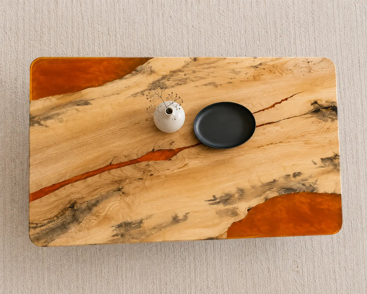 ECTC40 Amber Ember Orange Amber Epoxy Ash Coffee Table featuring handcrafted ash wood and orange amber resin-5