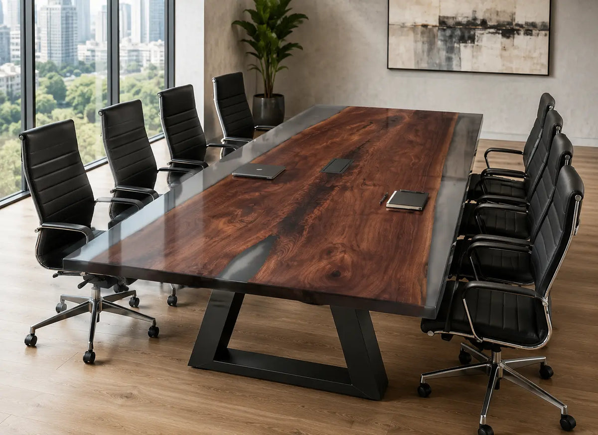 ECTFC01 Executive Passage Smoky Gray Epoxy Black Walnut Conference Table featuring handcrafted black walnut and smoky gray resin-1