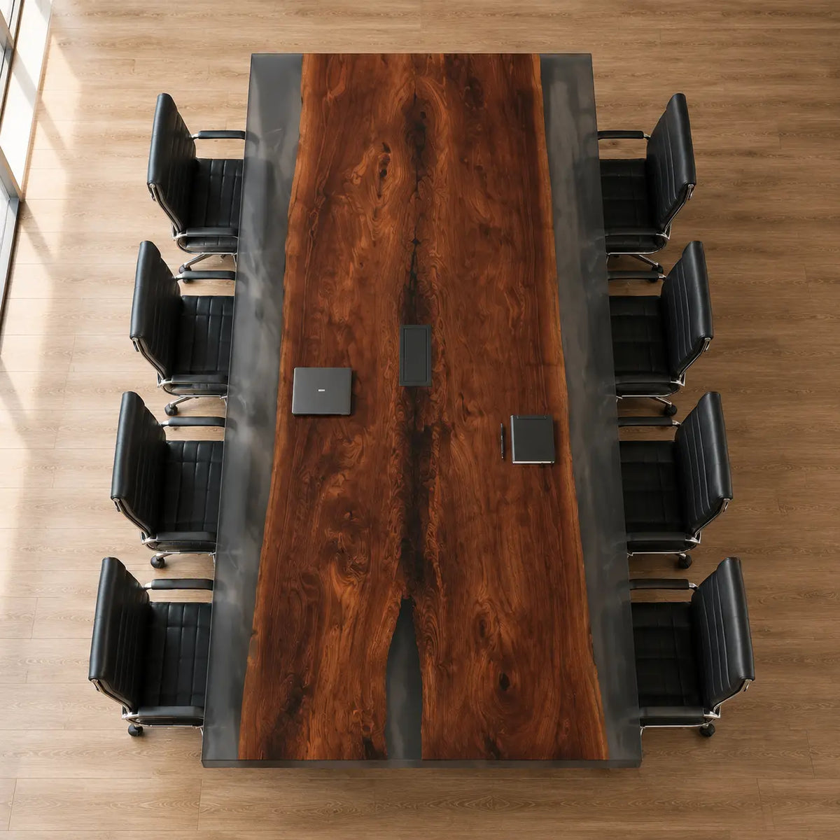 ECTFC01 Executive Passage Smoky Gray Epoxy Black Walnut Conference Table featuring handcrafted black walnut and smoky gray resin-6