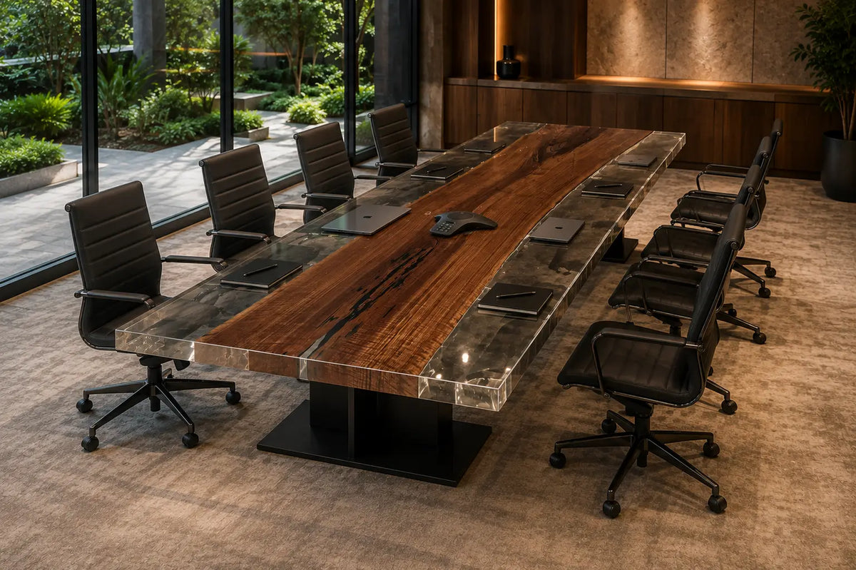 ECTFC02 Boardroom Edge Crystal Clear Epoxy Black Walnut Conference Table featuring handcrafted black walnut and crystal clear resin-1