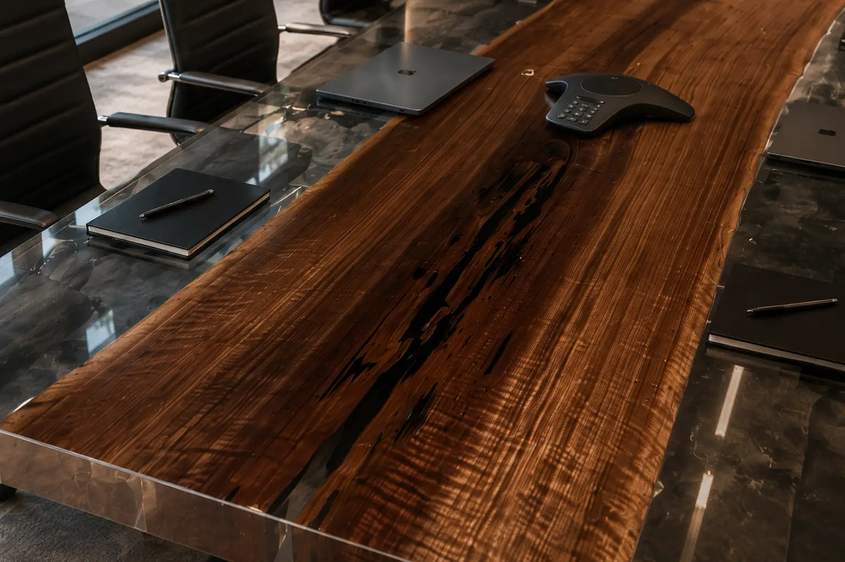 ECTFC02 Boardroom Edge Crystal Clear Epoxy Black Walnut Conference Table featuring handcrafted black walnut and crystal clear resin-2