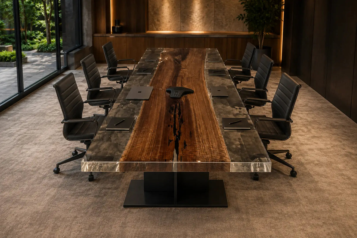 ECTFC02 Boardroom Edge Crystal Clear Epoxy Black Walnut Conference Table featuring handcrafted black walnut and crystal clear resin-6