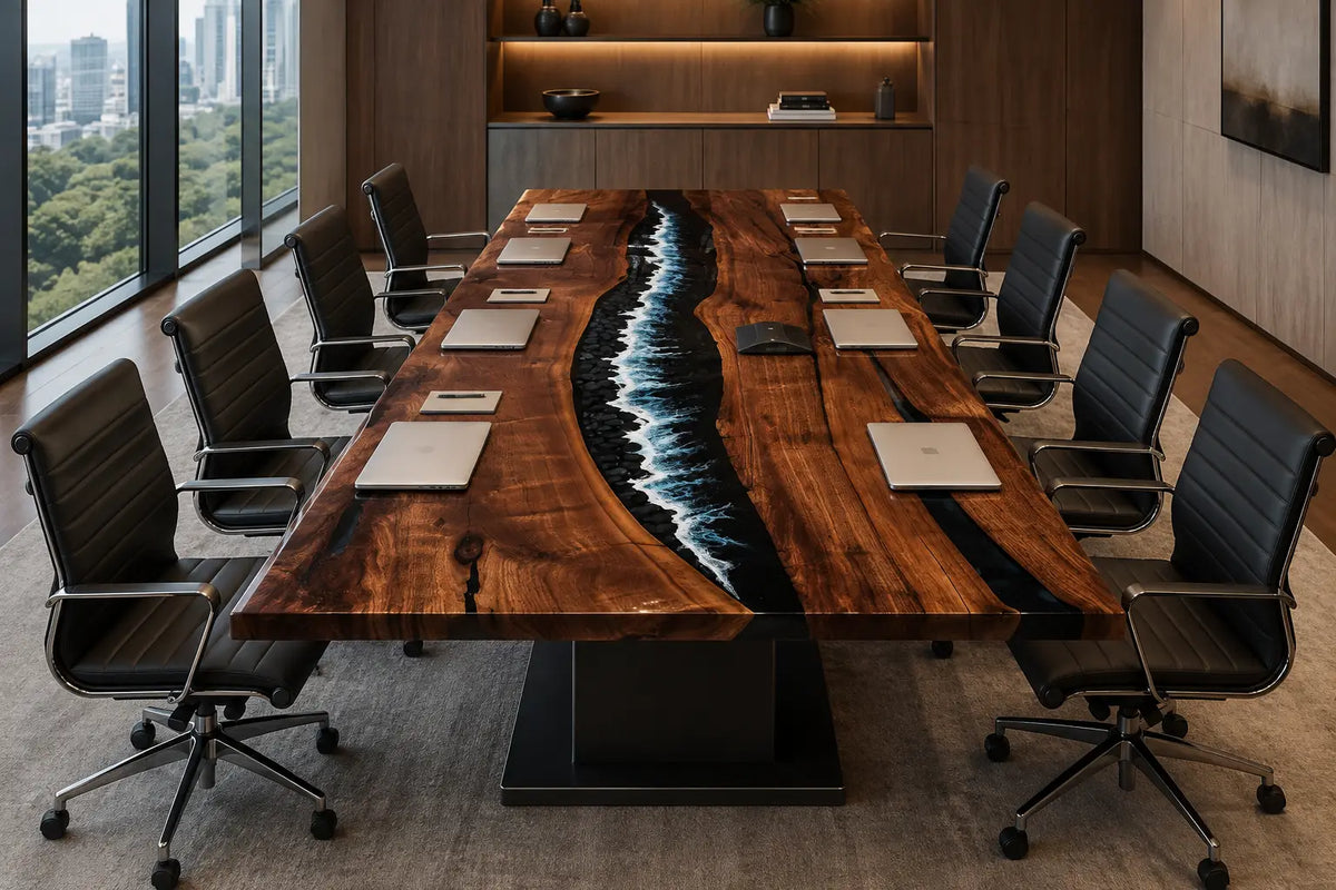 ECTFC03 Twin Current Black with Ocean Blue Wave Epoxy Black Walnut Conference Table featuring handcrafted black walnut and black with ocean blue wave resin-1