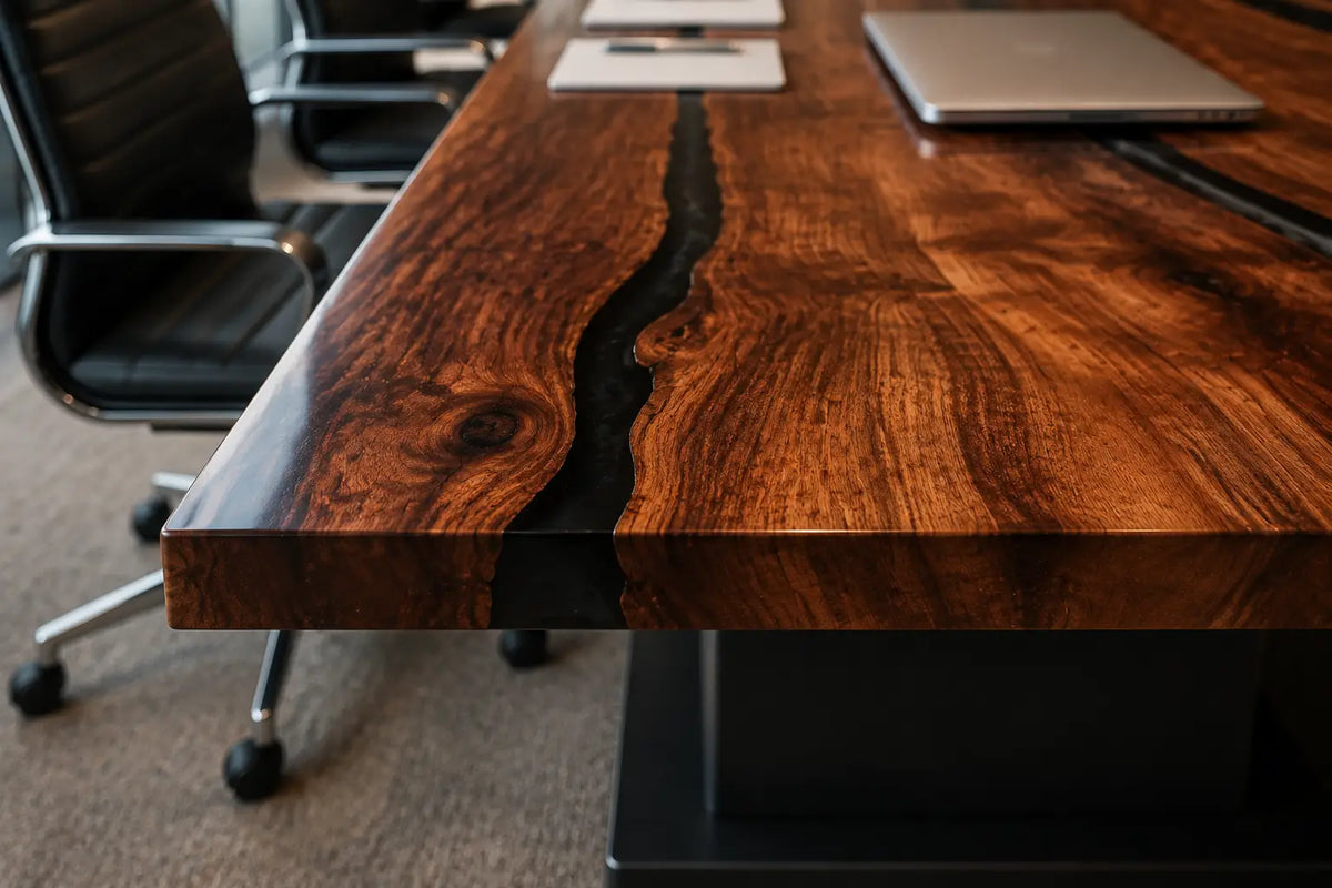 ECTFC03 Twin Current Black with Ocean Blue Wave Epoxy Black Walnut Conference Table featuring handcrafted black walnut and black with ocean blue wave resin-2