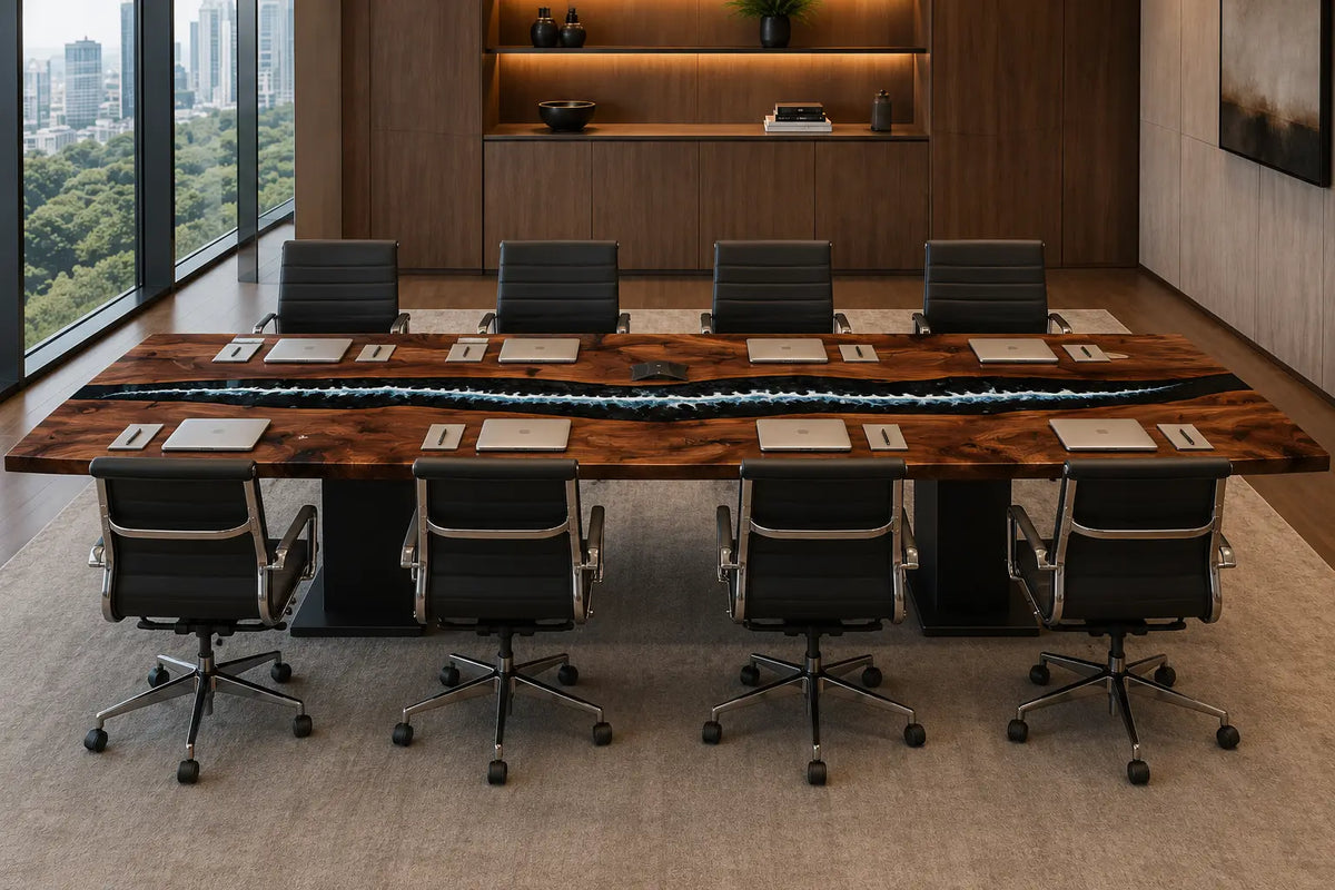 ECTFC03 Twin Current Black with Ocean Blue Wave Epoxy Black Walnut Conference Table featuring handcrafted black walnut and black with ocean blue wave resin-4